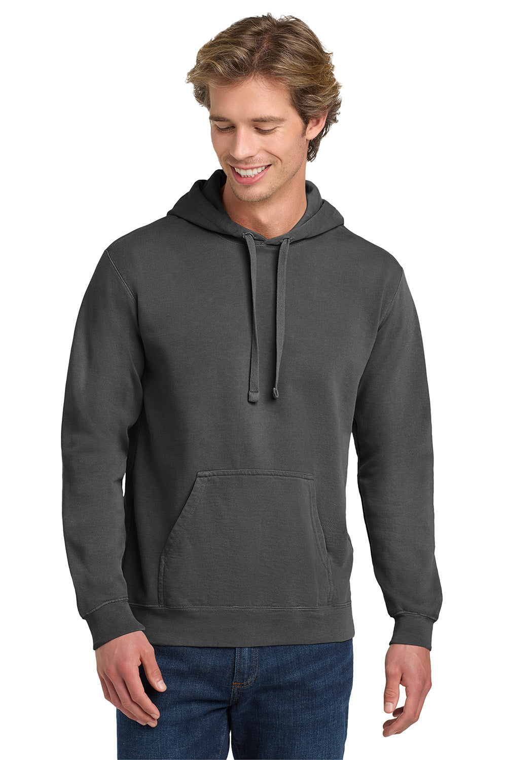 Comfort Colors 1567 Mens Hooded Sweatshirt Hoodie w/ Pouch Pocket Pepper Grey Model Front