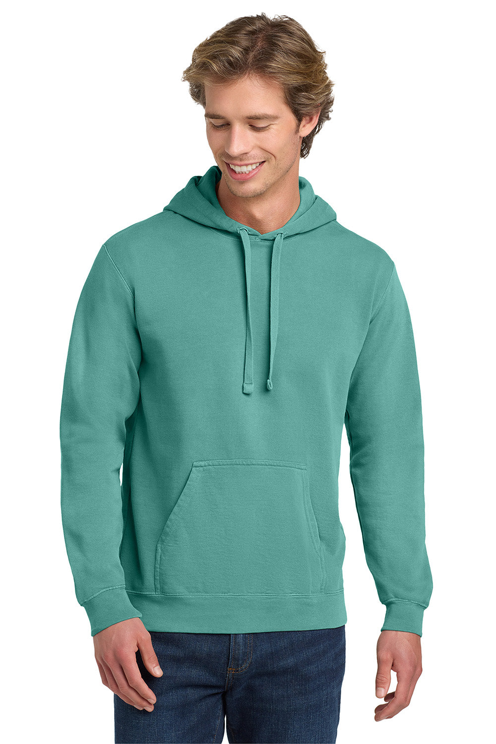 Comfort Colors 1567 Mens Hooded Sweatshirt Hoodie w/ Pouch Pocket Seafoam Green Model Front