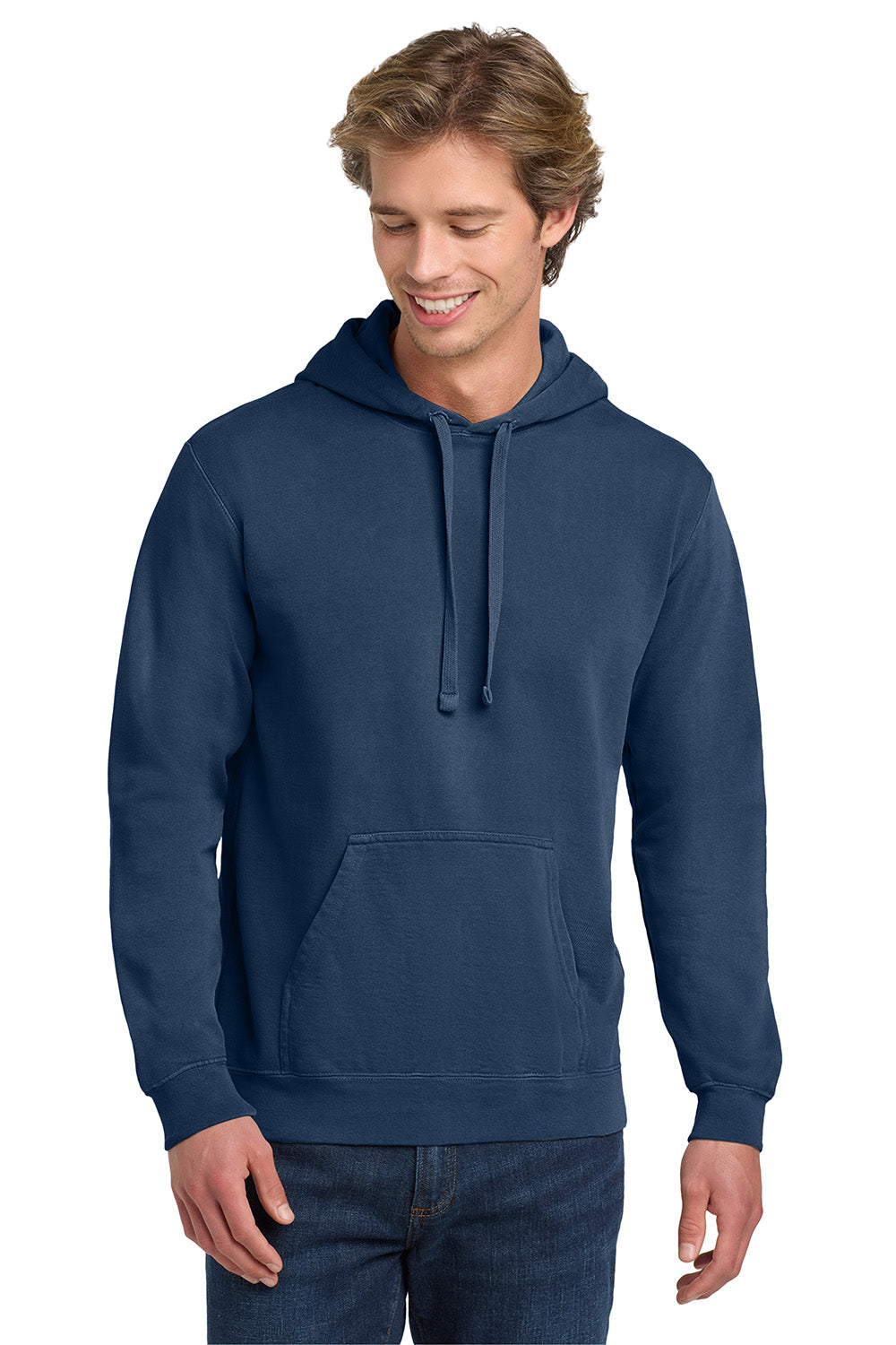 Comfort Colors 1567 Mens Hooded Sweatshirt Hoodie w/ Pouch Pocket True Navy Blue Model Front