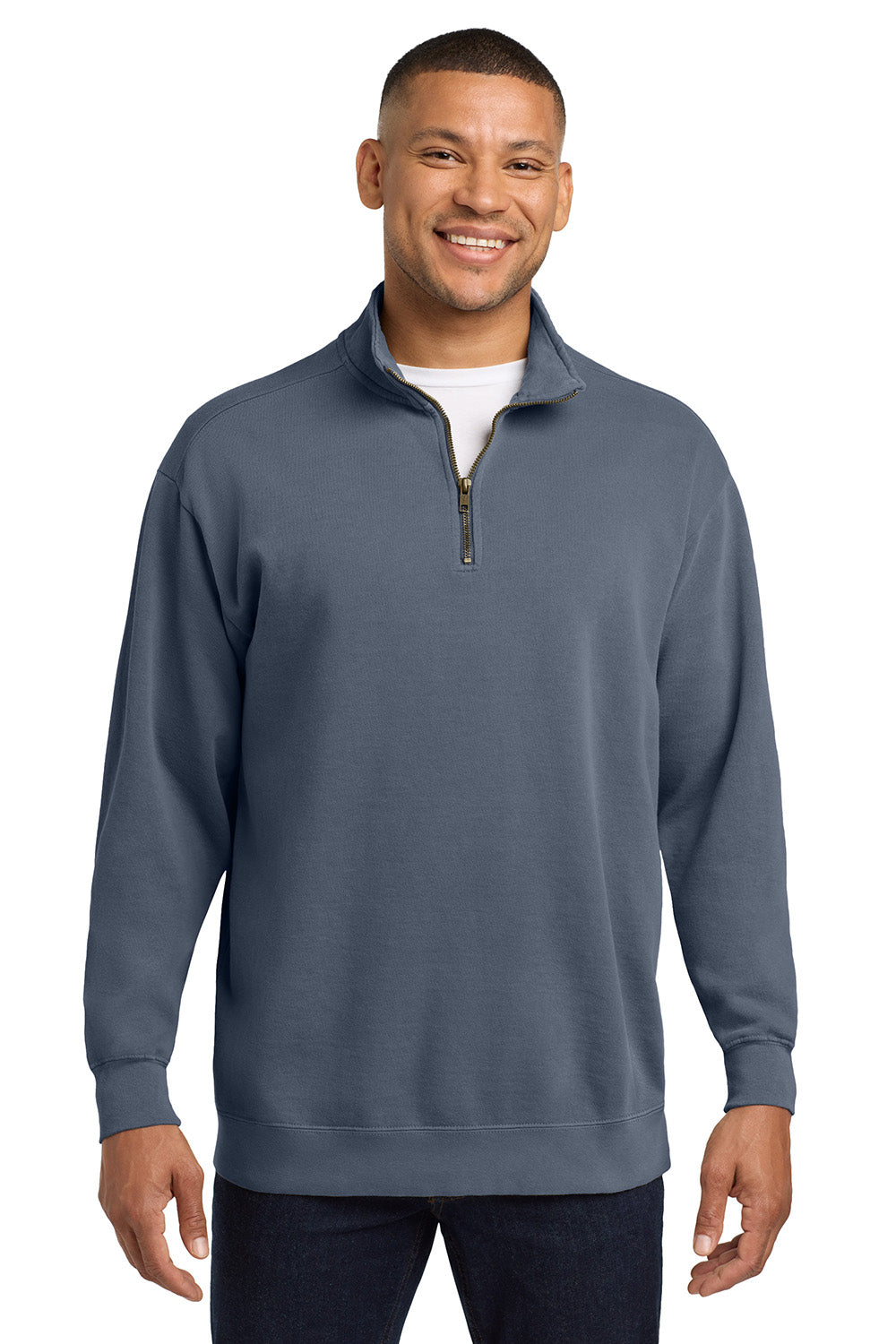 Comfort Colors 1580 Mens 1/4 Zip Sweatshirt Blue Jean Model Front