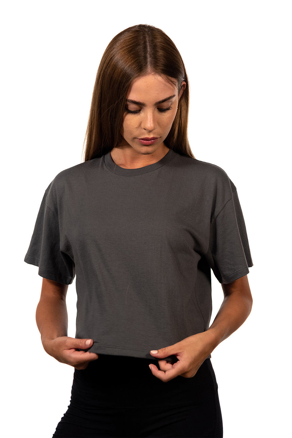 Next Level 1580NL Womens Ideal Crop Short Sleeve Crewneck T-Shirt Dark Grey Model Front