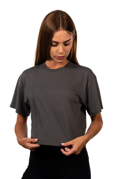 Next Level 1580NL Womens Ideal Crop Short Sleeve Crewneck T-Shirt Dark Grey Model Front