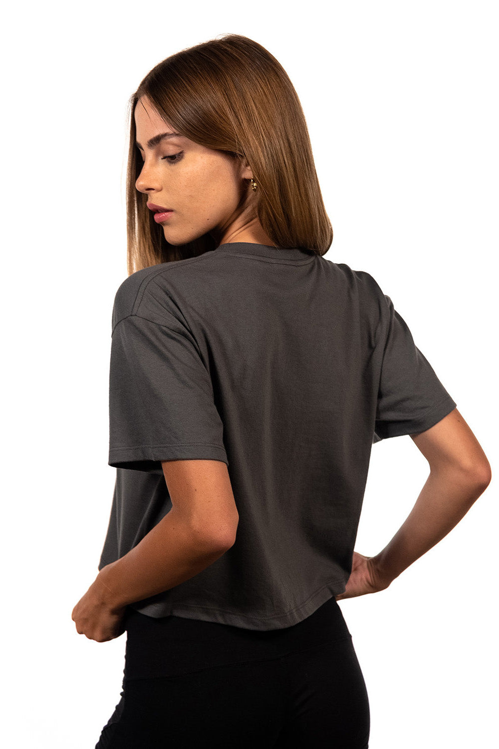 Next Level 1580NL Womens Ideal Crop Short Sleeve Crewneck T-Shirt Dark Grey Model Back