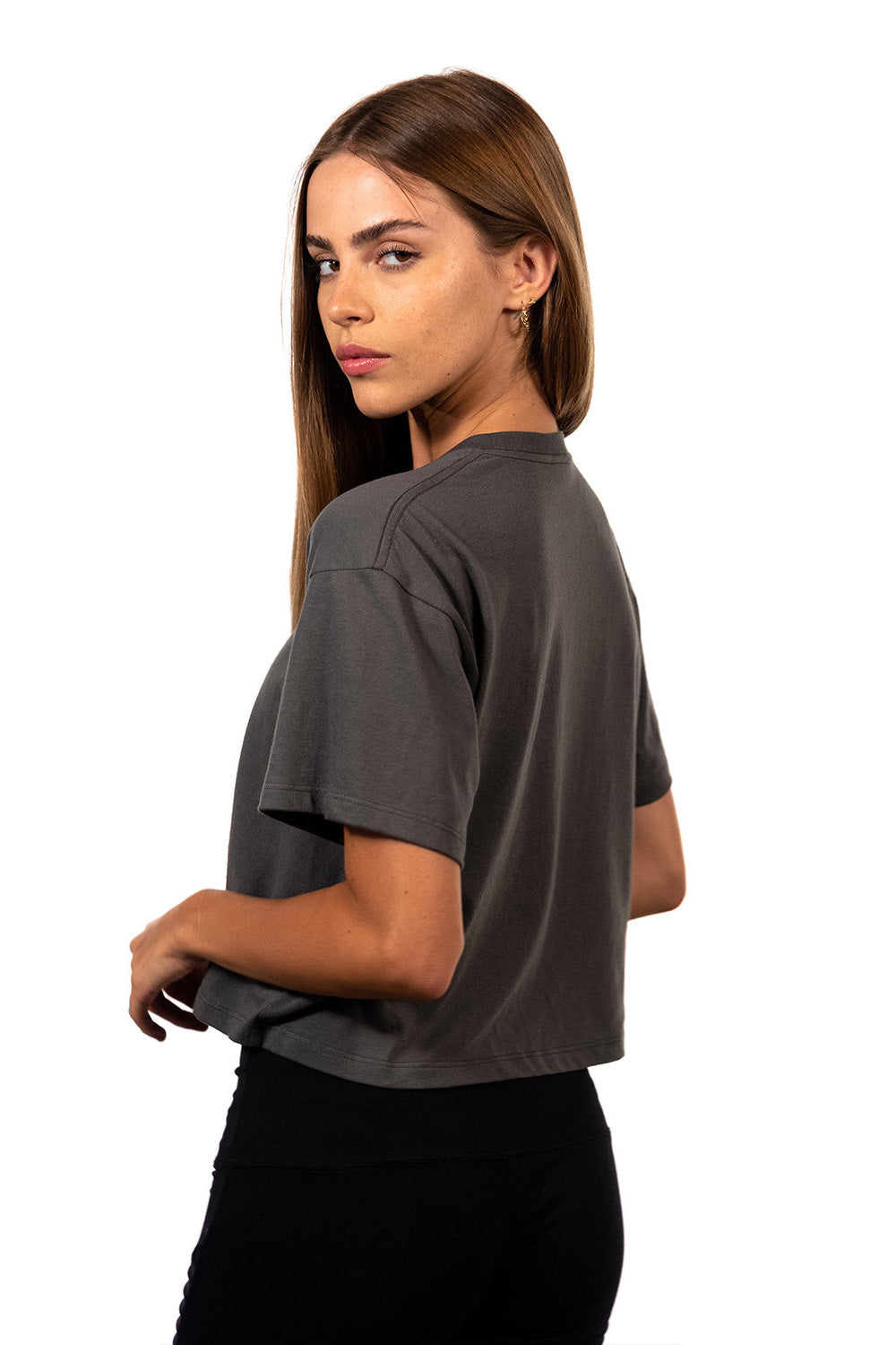 Next Level 1580NL Womens Ideal Crop Short Sleeve Crewneck T-Shirt Dark Grey Model Side