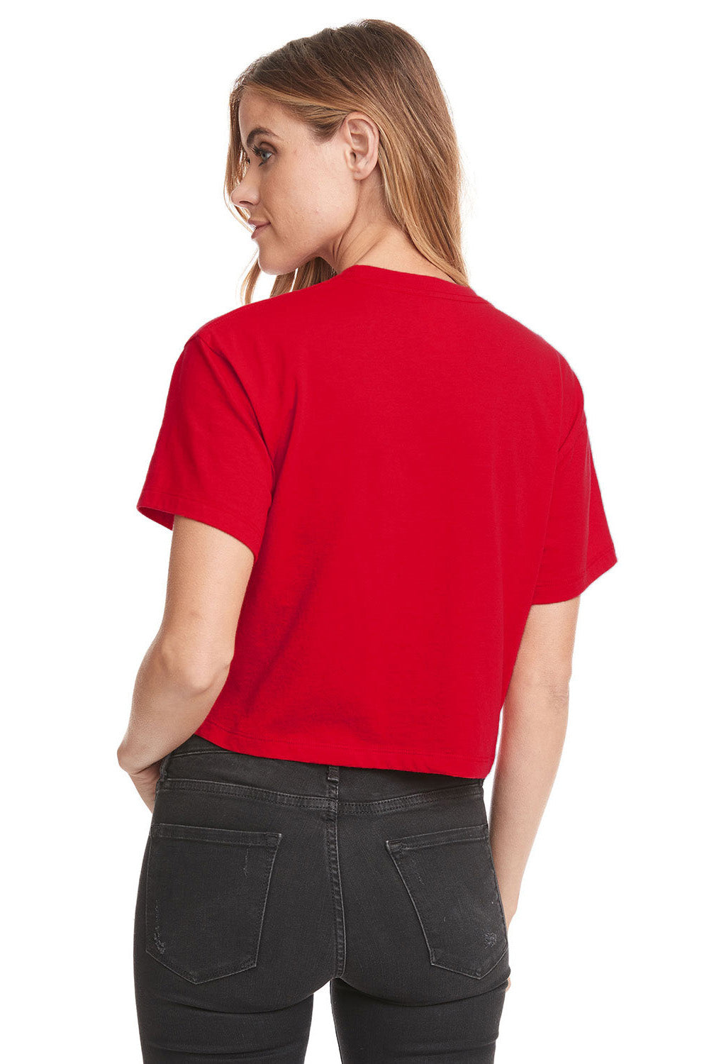 Next Level 1580NL Womens Ideal Crop Short Sleeve Crewneck T-Shirt Red Model Back