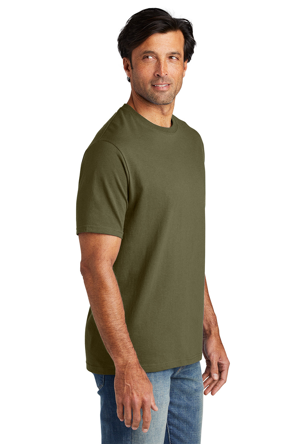 Volunteer Knitwear VL100 Mens USA Made All American Short Sleeve Crewneck T-Shirt Olive Drab Green Model Side