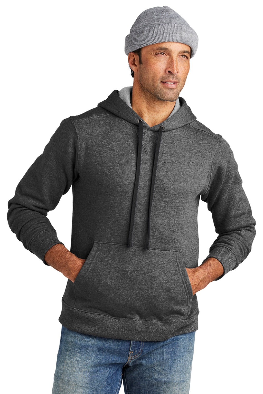 Volunteer Knitwear VL130H Mens USA Made Chore Fleece Hooded Sweatshirt Hoodie w/ Pouch Pocket Heather Charcoal Grey Model Front