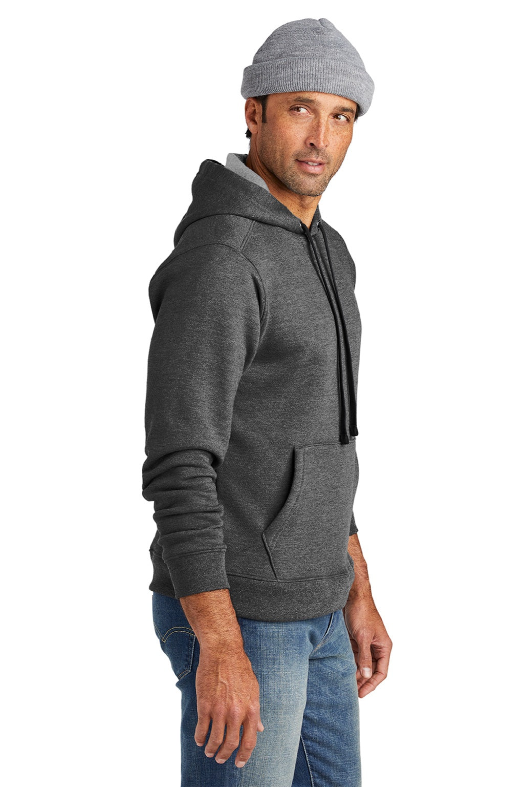 Volunteer Knitwear VL130H Mens USA Made Chore Fleece Hooded Sweatshirt Hoodie w/ Pouch Pocket Heather Charcoal Grey Model Side