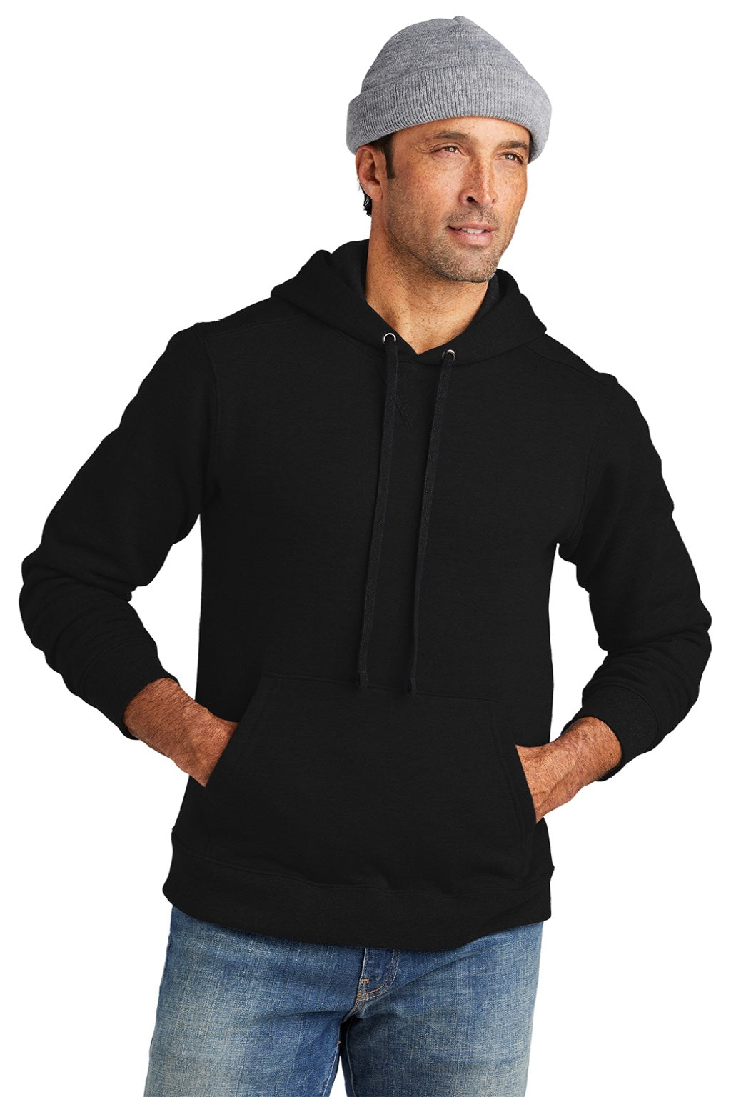 Volunteer Knitwear VL130H Mens USA Made Chore Fleece Hooded Sweatshirt Hoodie w/ Pouch Pocket Deep Black Model Front