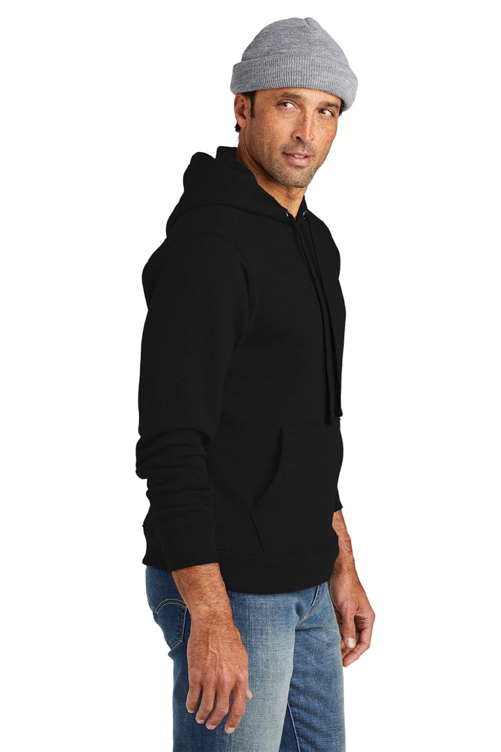 Volunteer Knitwear VL130H Mens USA Made Chore Fleece Hooded Sweatshirt Hoodie w/ Pouch Pocket Deep Black Model Side