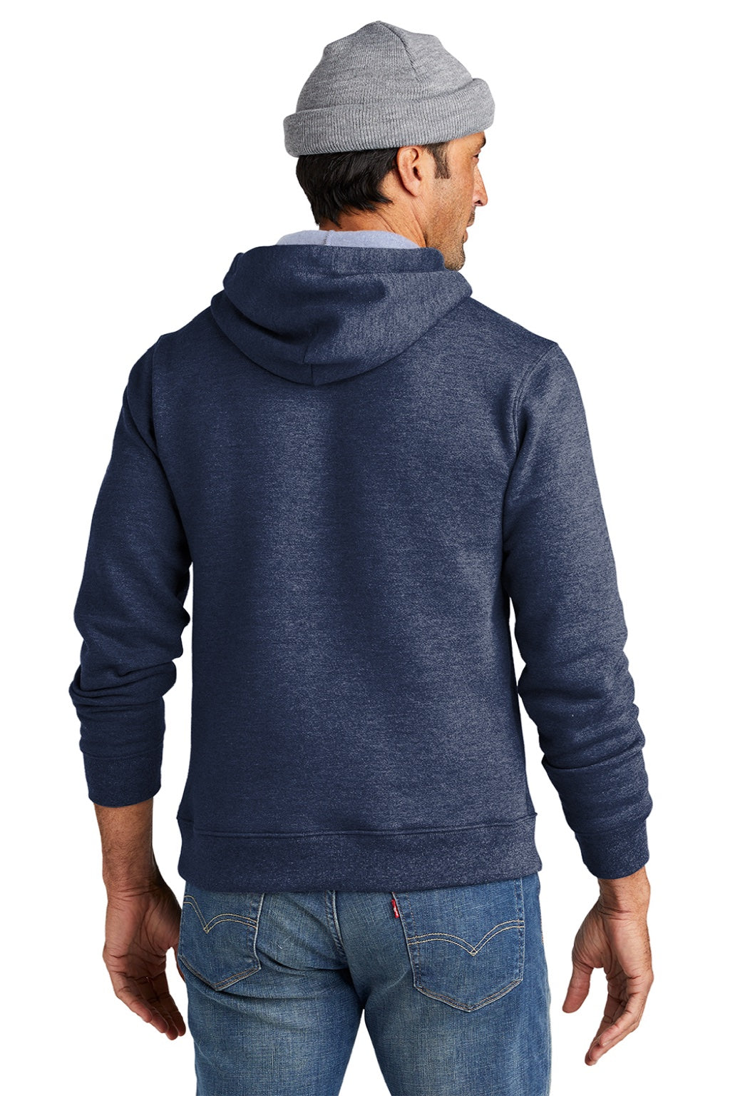 Volunteer Knitwear VL130H Mens USA Made Chore Fleece Hooded Sweatshirt Hoodie w/ Pouch Pocket Heather Strong Navy Blue Model Back
