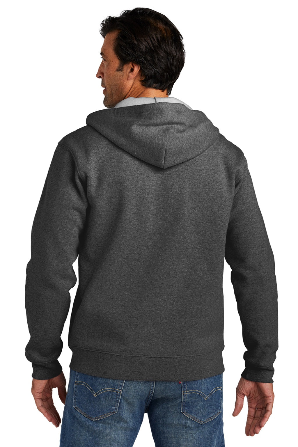 Volunteer Knitwear VL130ZH Mens USA Made Chore Fleece Full Zip Hooded Sweatshirt Hoodie w/ Pockets Heather Charcoal Grey Model Back