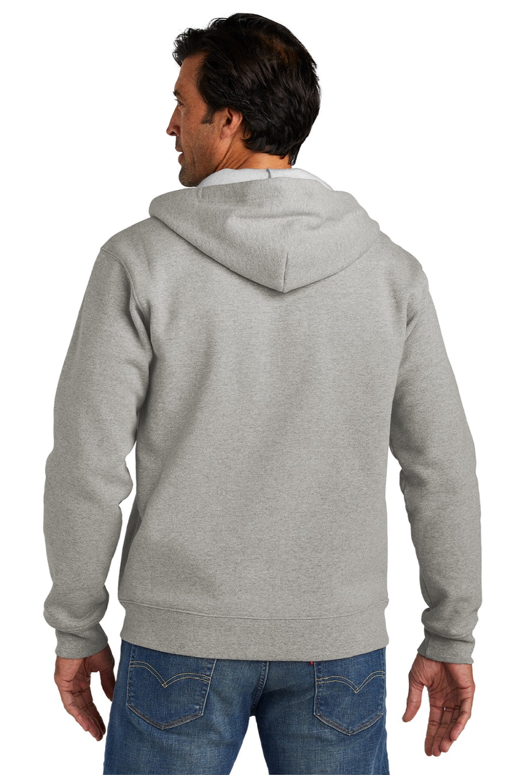 Volunteer Knitwear VL130ZH Mens USA Made Chore Fleece Full Zip Hooded Sweatshirt Hoodie w/ Pockets Heather Grey Model Back