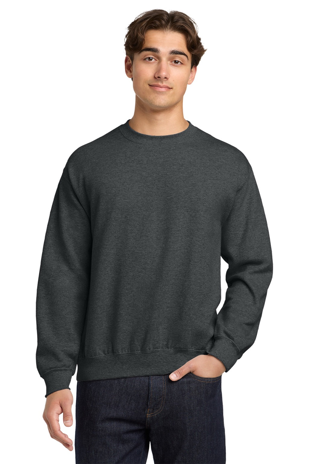 Gildan 18000 Mens Pill Resistant Fleece Crewneck Sweatshirt Fan Heather Charcoal Grey Model Front