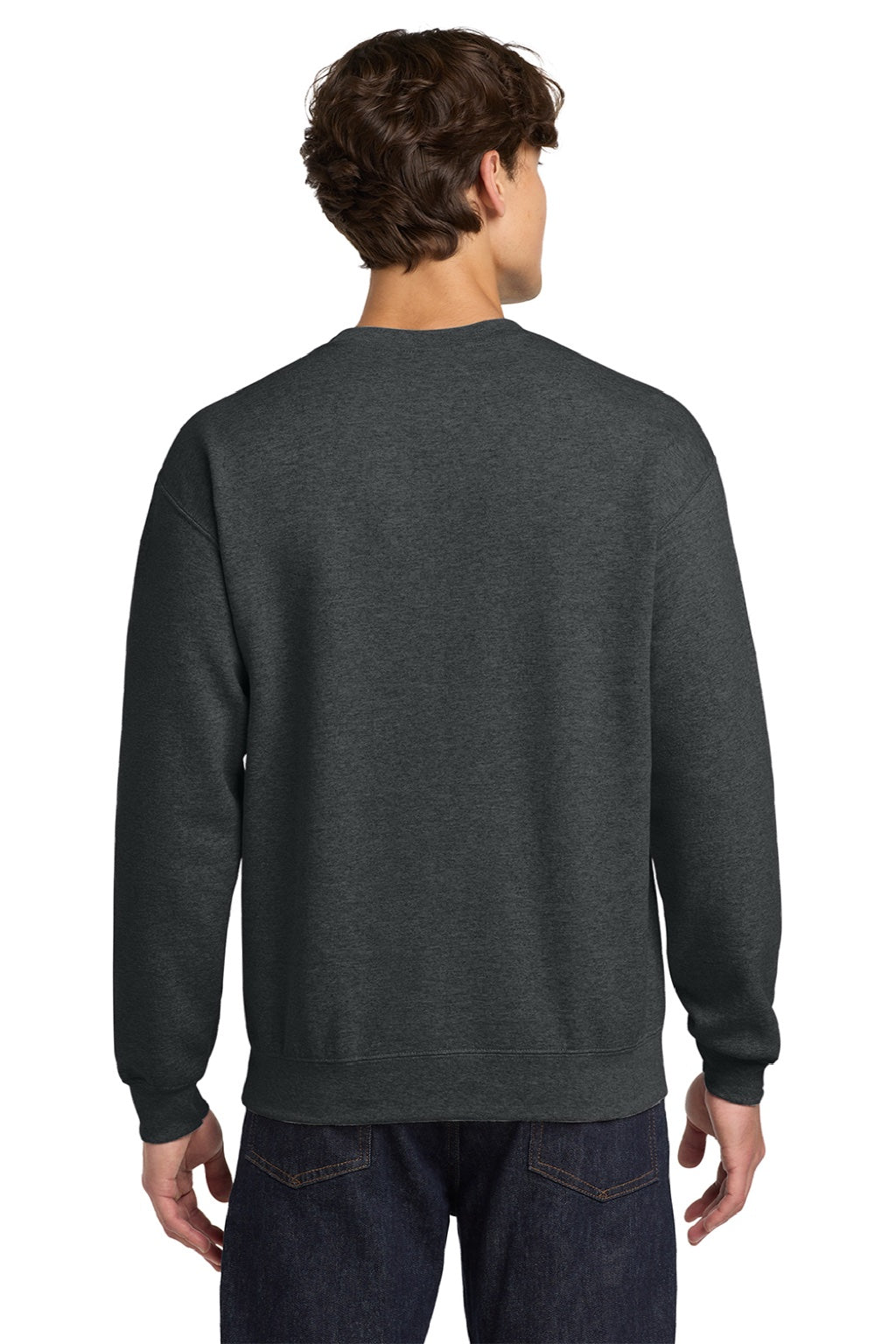 Gildan 18000 Mens Pill Resistant Fleece Crewneck Sweatshirt Fan Heather Charcoal Grey Model Back