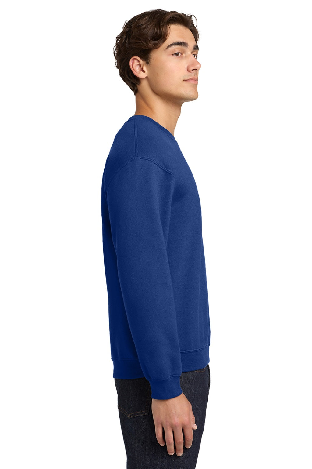 Gildan 18000 Mens Pill Resistant Fleece Crewneck Sweatshirt Fan Deep Royal Blue Model Side