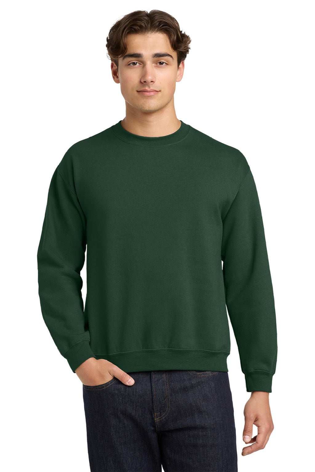 Gildan 18000 Mens Pill Resistant Fleece Crewneck Sweatshirt Fan Dark Green Model Front