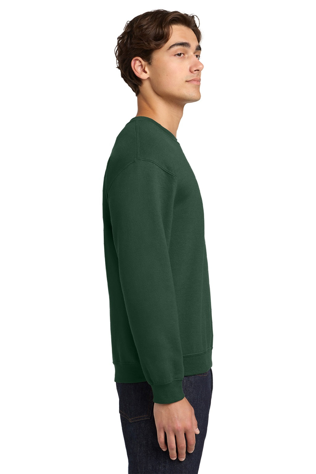 Gildan 18000 Mens Pill Resistant Fleece Crewneck Sweatshirt Fan Dark Green Model Side