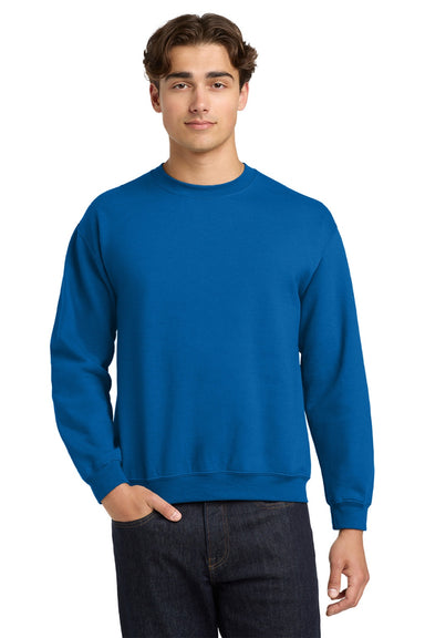 Gildan 18000 Mens Pill Resistant Fleece Crewneck Sweatshirt Neon Blue Model Front