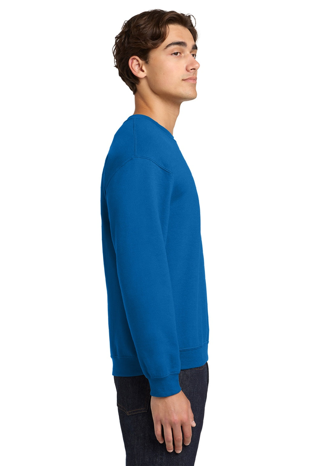 Gildan 18000 Mens Pill Resistant Fleece Crewneck Sweatshirt Neon Blue Model Side