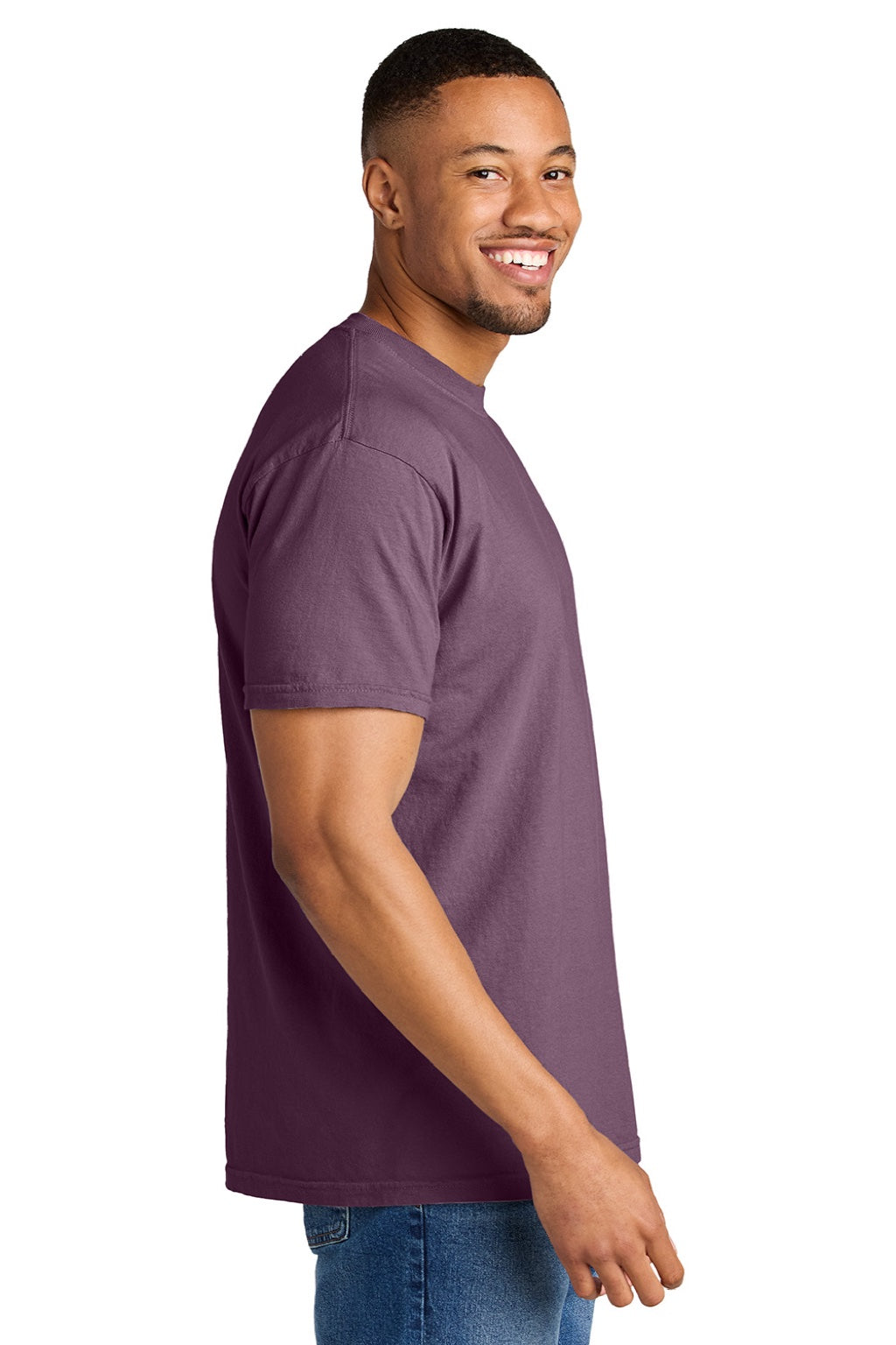 Comfort Colors 1717 Mens Short Sleeve Crewneck T-Shirt Berry Purple Model Side