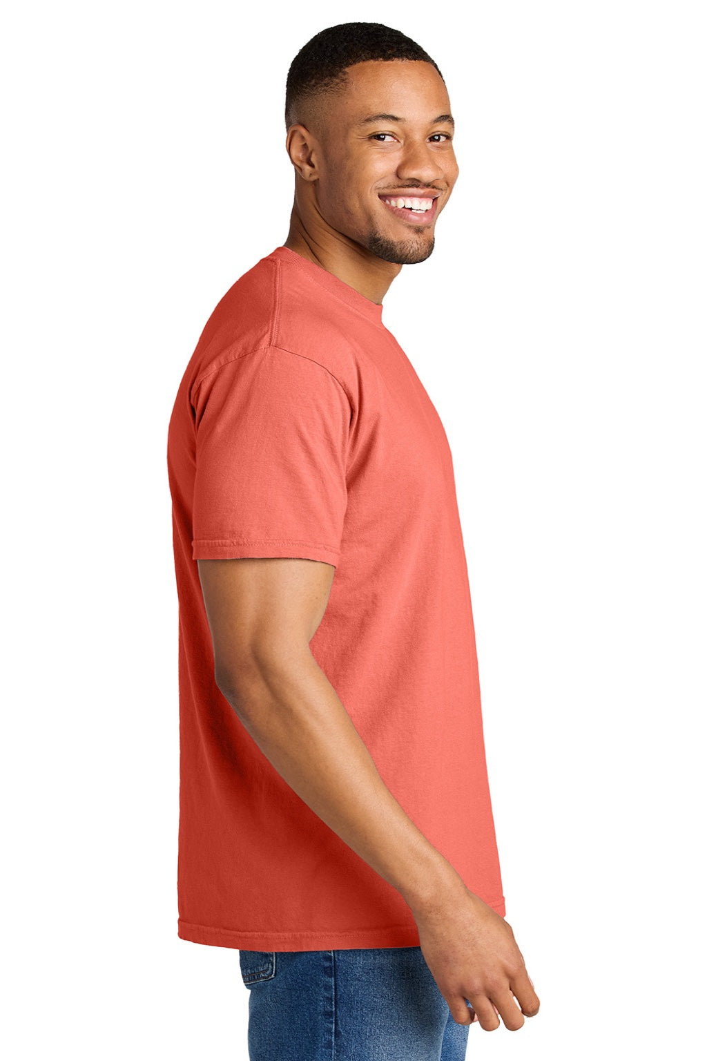 Comfort Colors 1717 Mens Short Sleeve Crewneck T-Shirt Bright Salmon Model Side