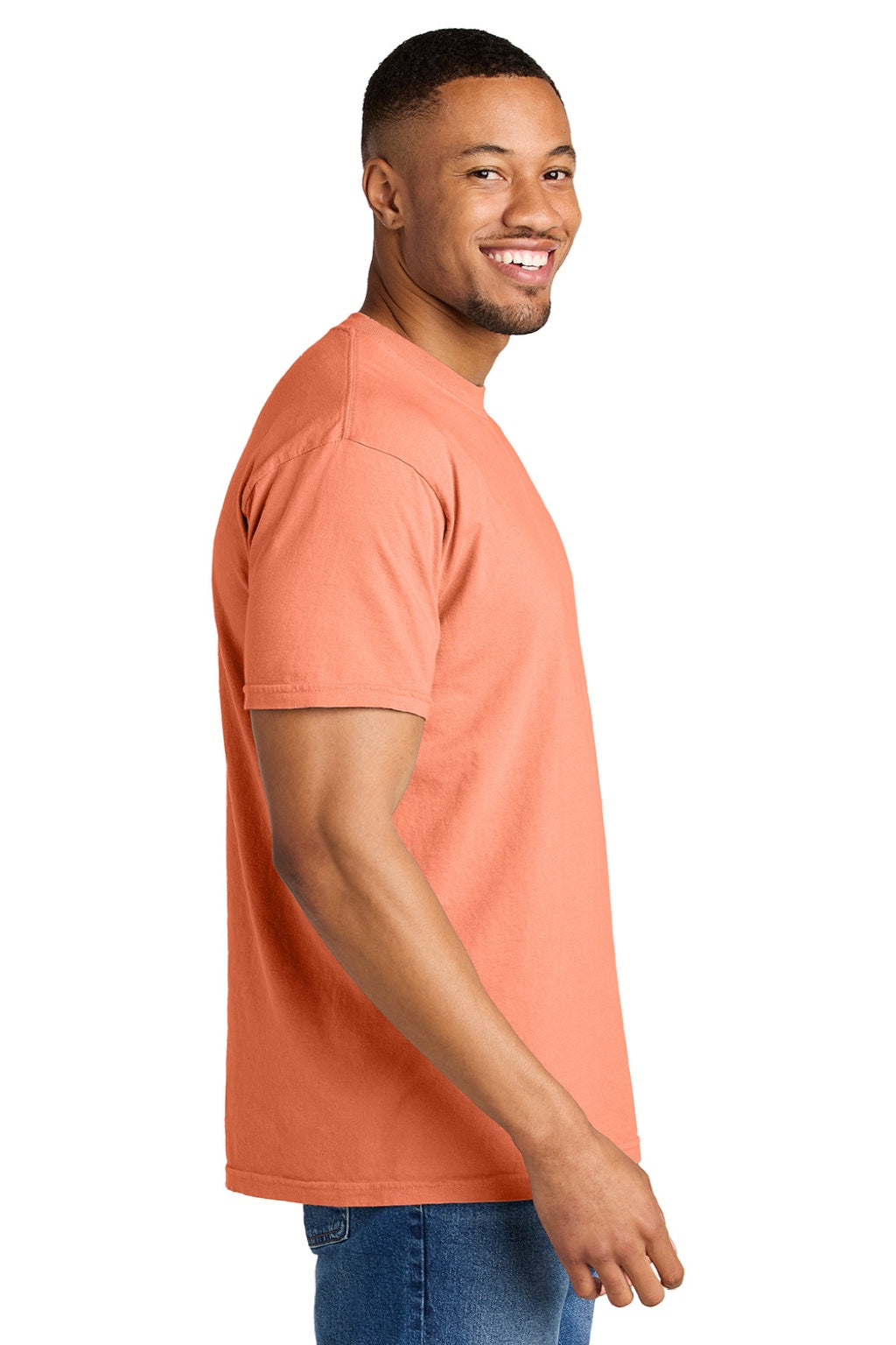 Comfort Colors 1717 Mens Short Sleeve Crewneck T-Shirt Melon Orange Model Side