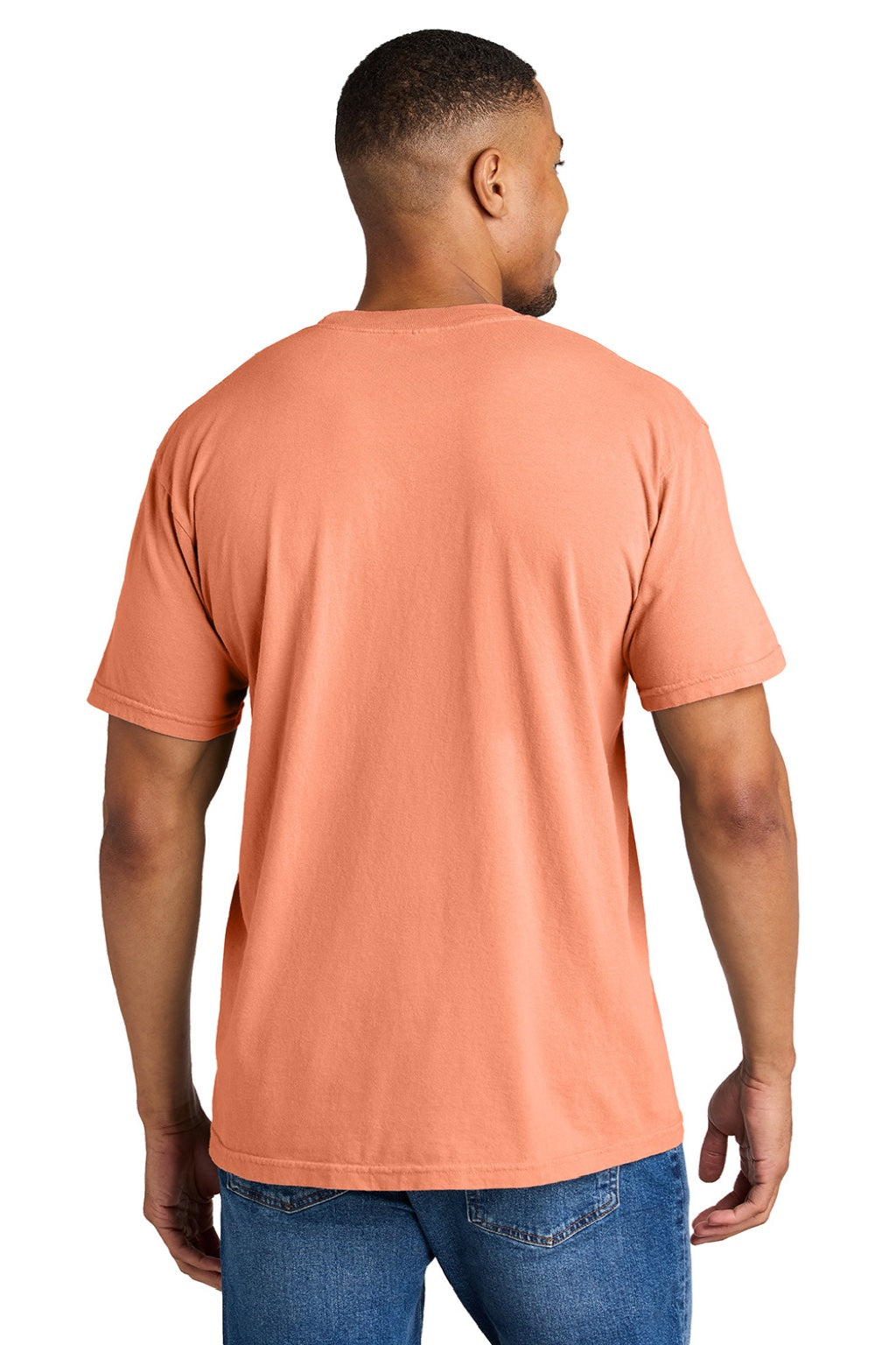 Comfort Colors 1717 Mens Short Sleeve Crewneck T-Shirt Neon Cantloupe Orange Model Back