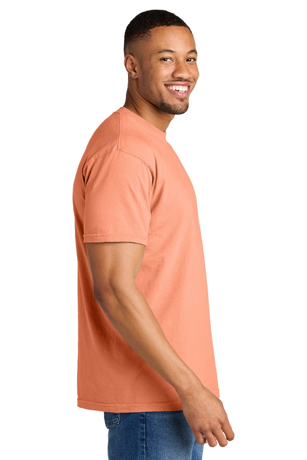 Comfort Colors 1717 Mens Short Sleeve Crewneck T-Shirt Neon Cantloupe Orange Model Side
