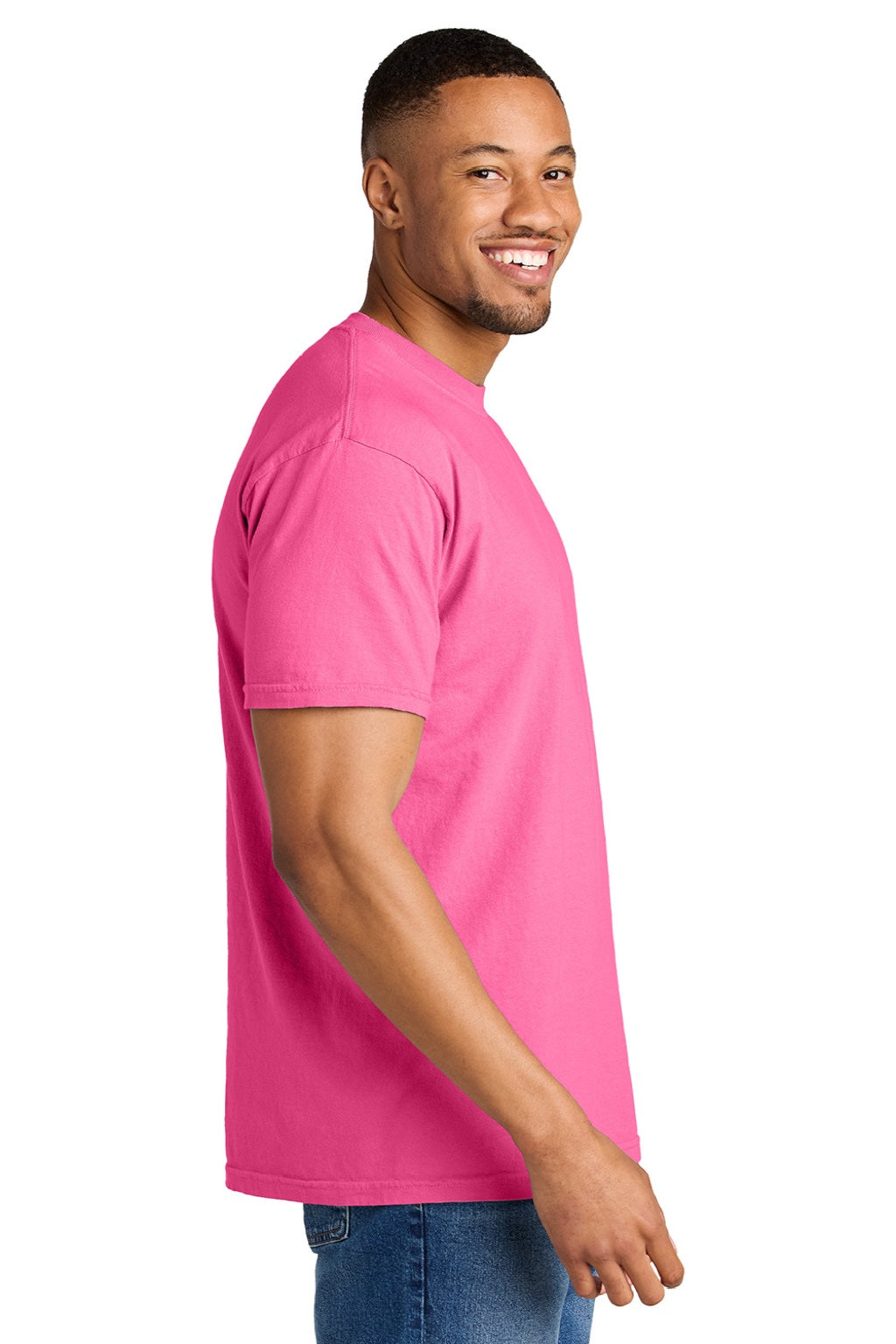 Comfort Colors 1717 Mens Short Sleeve Crewneck T-Shirt Neon Pink Model Side