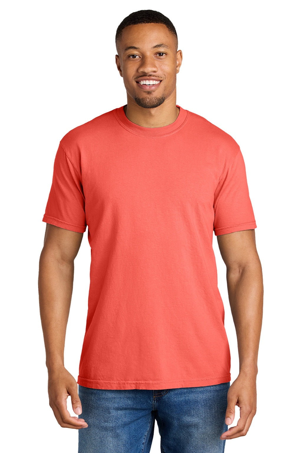 Comfort Colors 1717 Mens Short Sleeve Crewneck T-Shirt Neon Red Orange Model Front