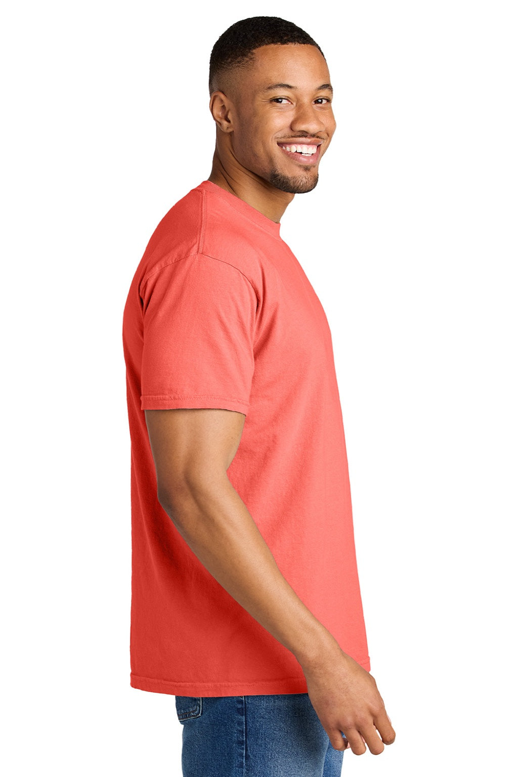 Comfort Colors 1717 Mens Short Sleeve Crewneck T-Shirt Neon Red Orange Model Side