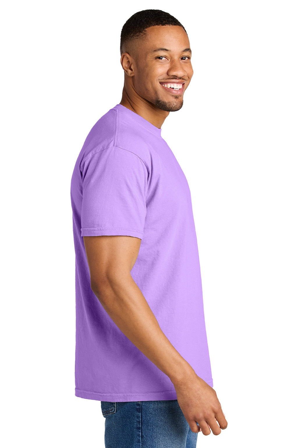 Comfort Colors 1717 Mens Short Sleeve Crewneck T-Shirt Neon Violet Purple Model Side