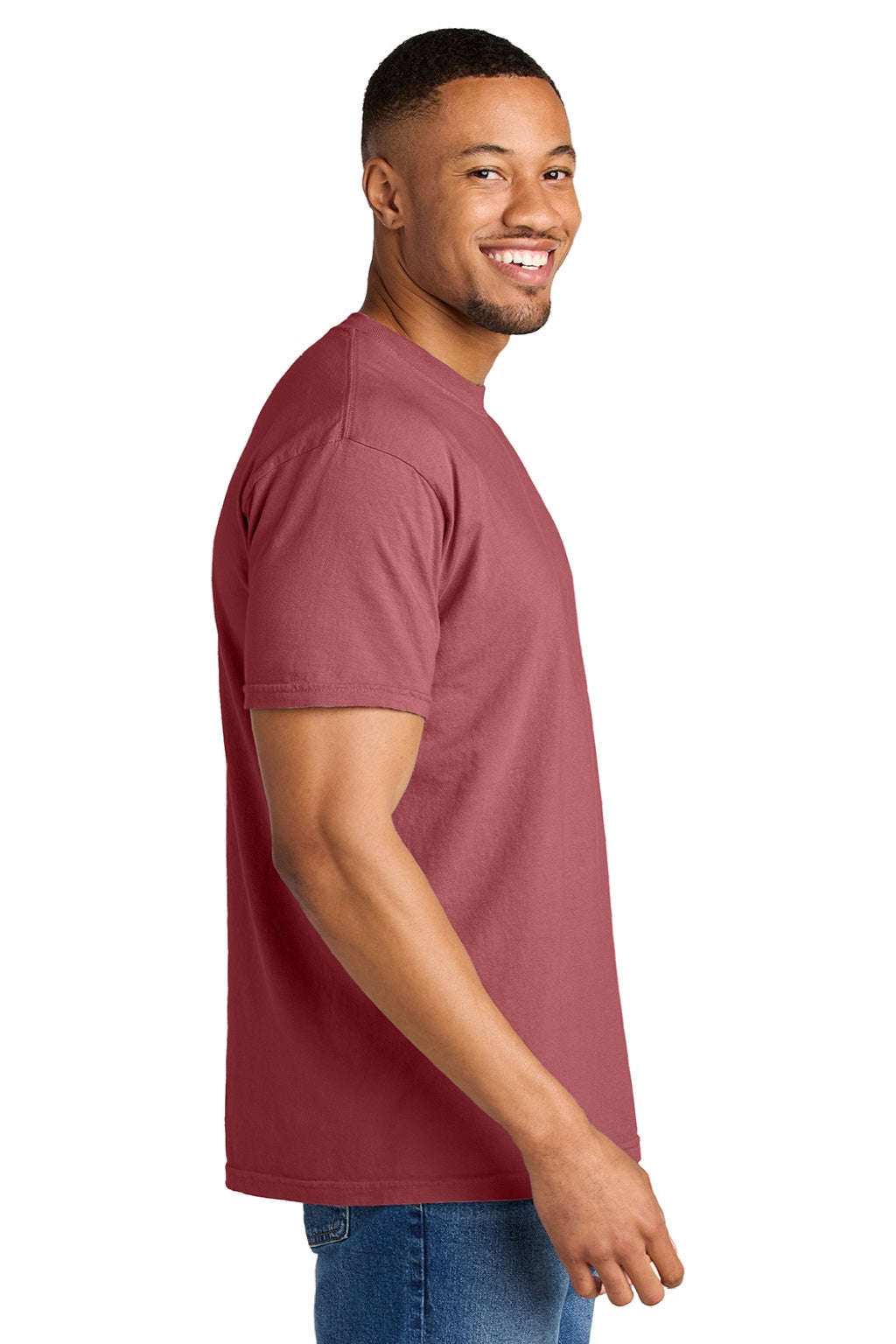 Comfort Colors 1717 Mens Short Sleeve Crewneck T-Shirt Crimson Red Model Side