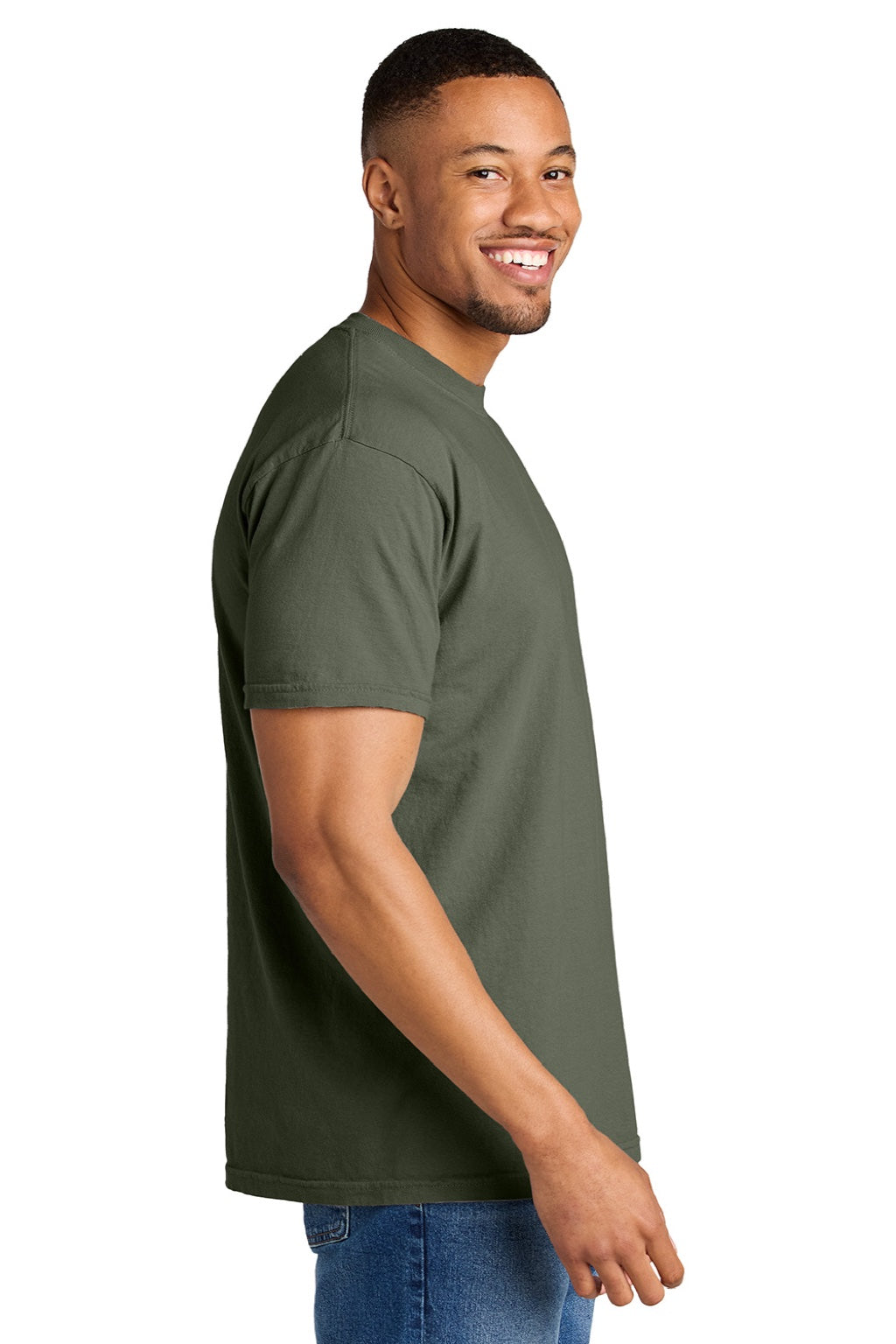 Comfort Colors 1717 Mens Short Sleeve Crewneck T-Shirt Moss Green Model Side