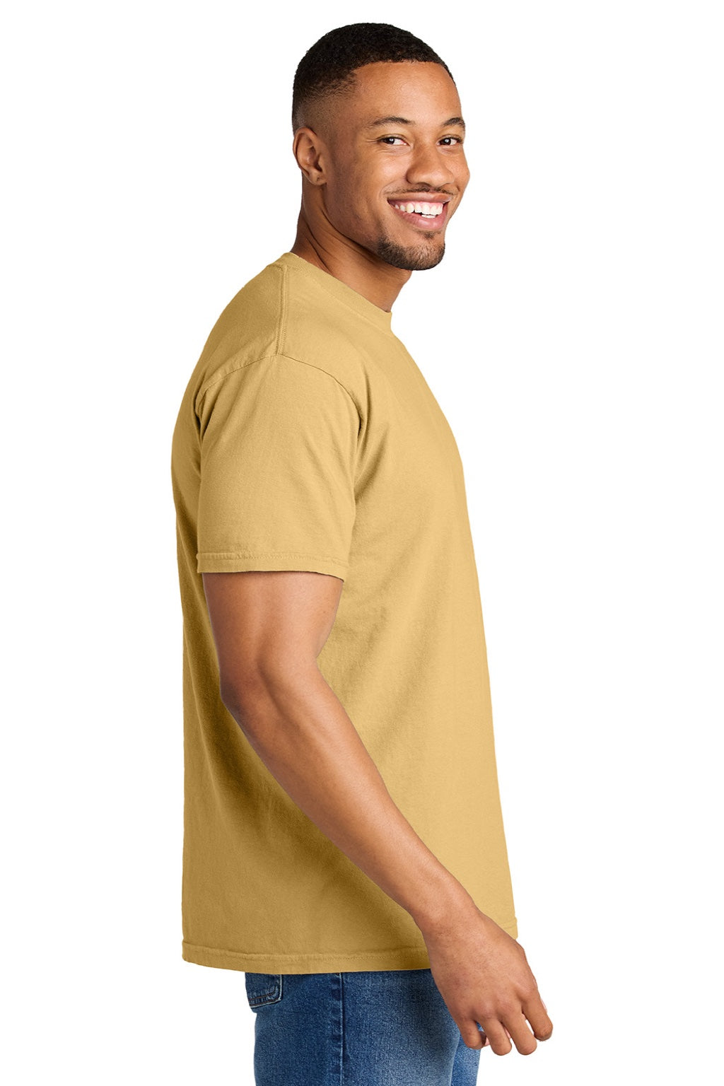 Comfort Colors 1717 Mens Short Sleeve Crewneck T-Shirt Mustard Yellow Model Side