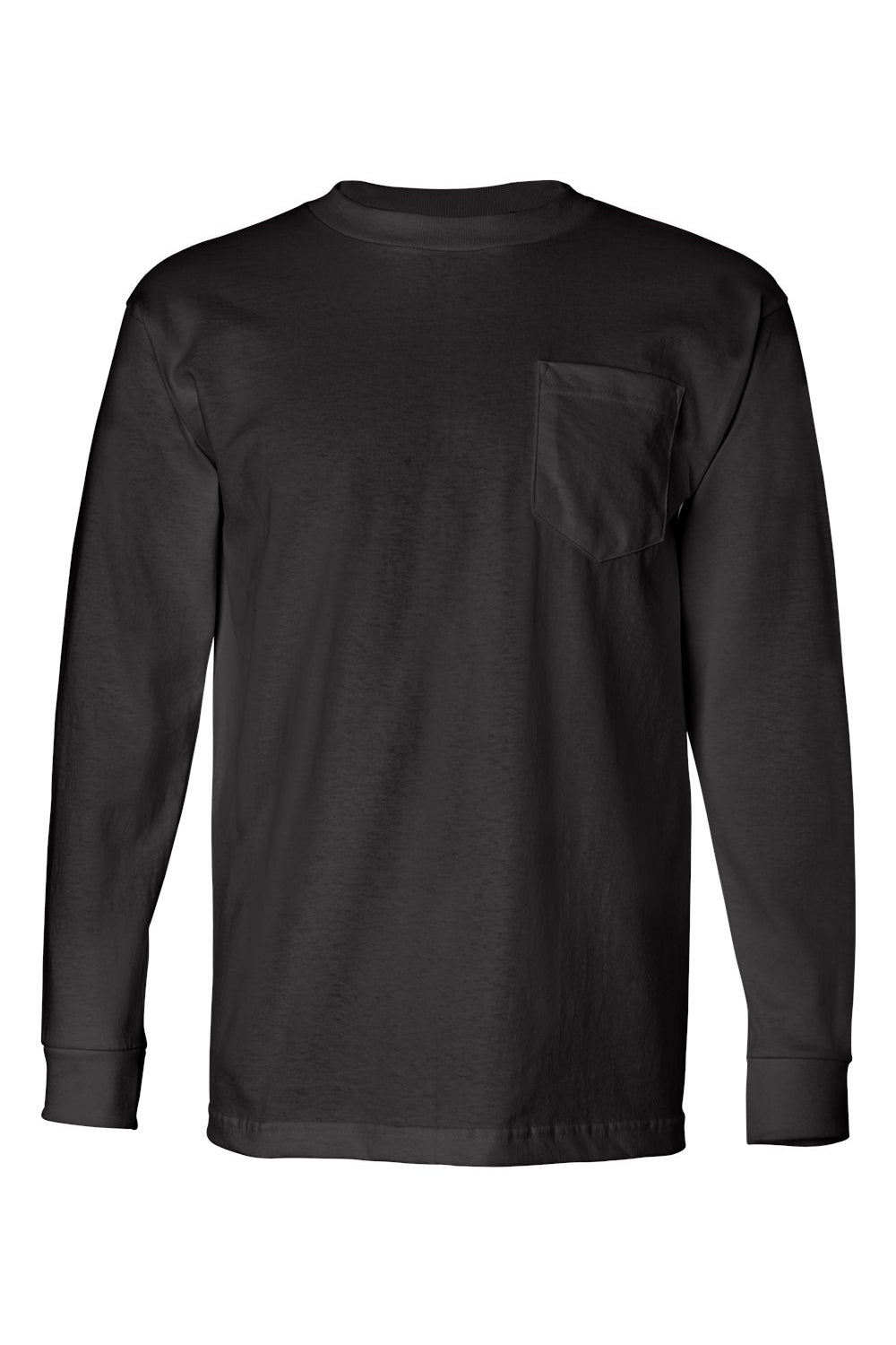 Bayside BA8100 Mens USA Made Long Sleeve Crewneck T-Shirt w/ Pocket Black Flat Front