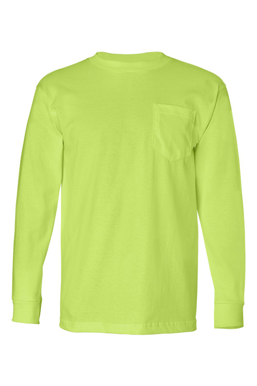 Bayside BA8100 Mens USA Made Long Sleeve Crewneck T-Shirt w/ Pocket Lime Green Flat Front