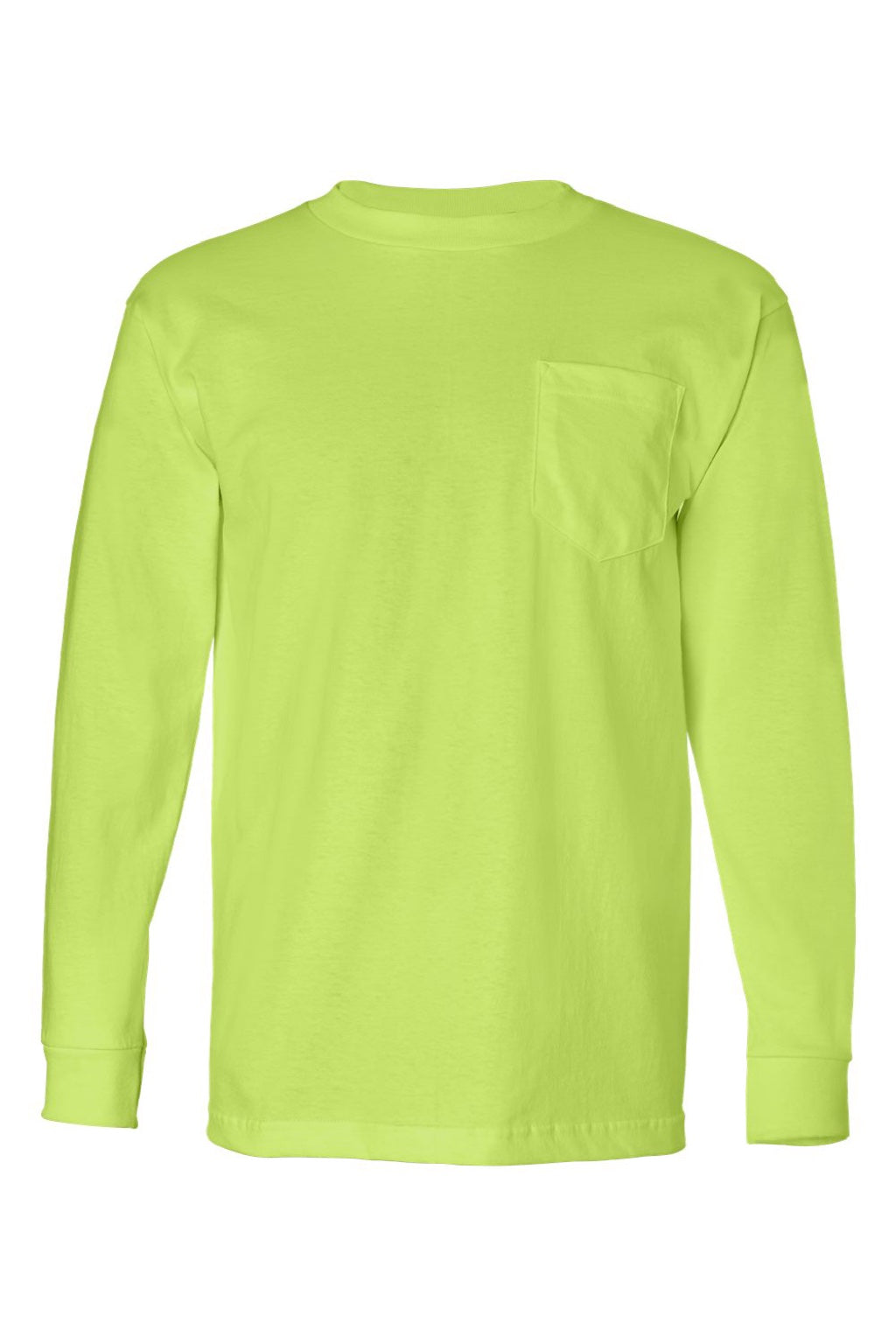 Bayside 8100 Mens USA Made Long Sleeve Crewneck T-Shirt w/ Pocket Lime Green Flat Front