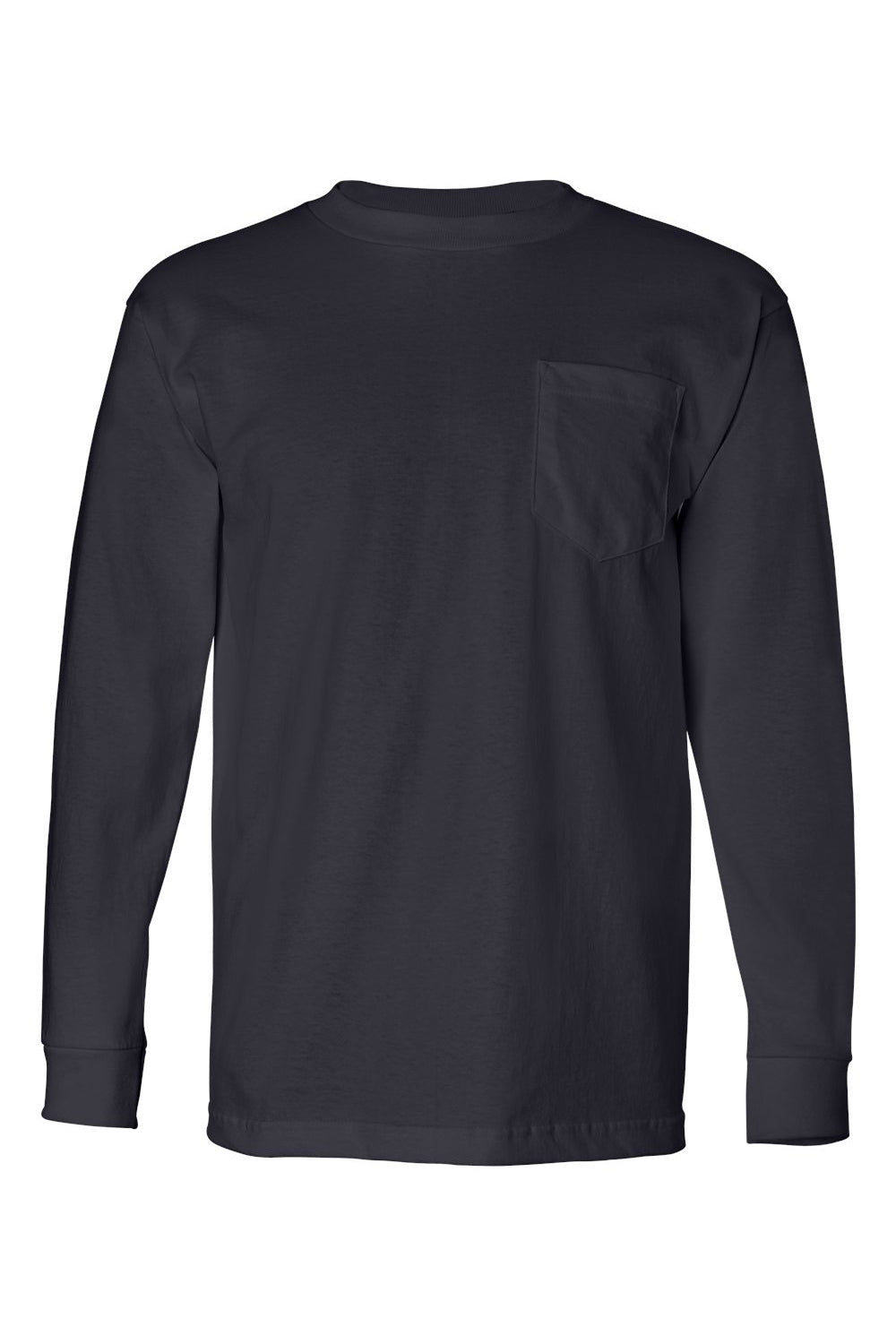Bayside BA8100 Mens USA Made Long Sleeve Crewneck T-Shirt w/ Pocket Navy Blue Flat Front