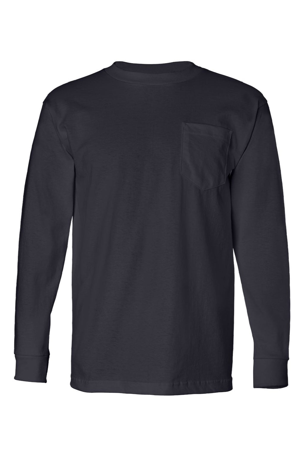 Bayside 8100 Mens USA Made Long Sleeve Crewneck T-Shirt w/ Pocket Navy Blue Flat Front
