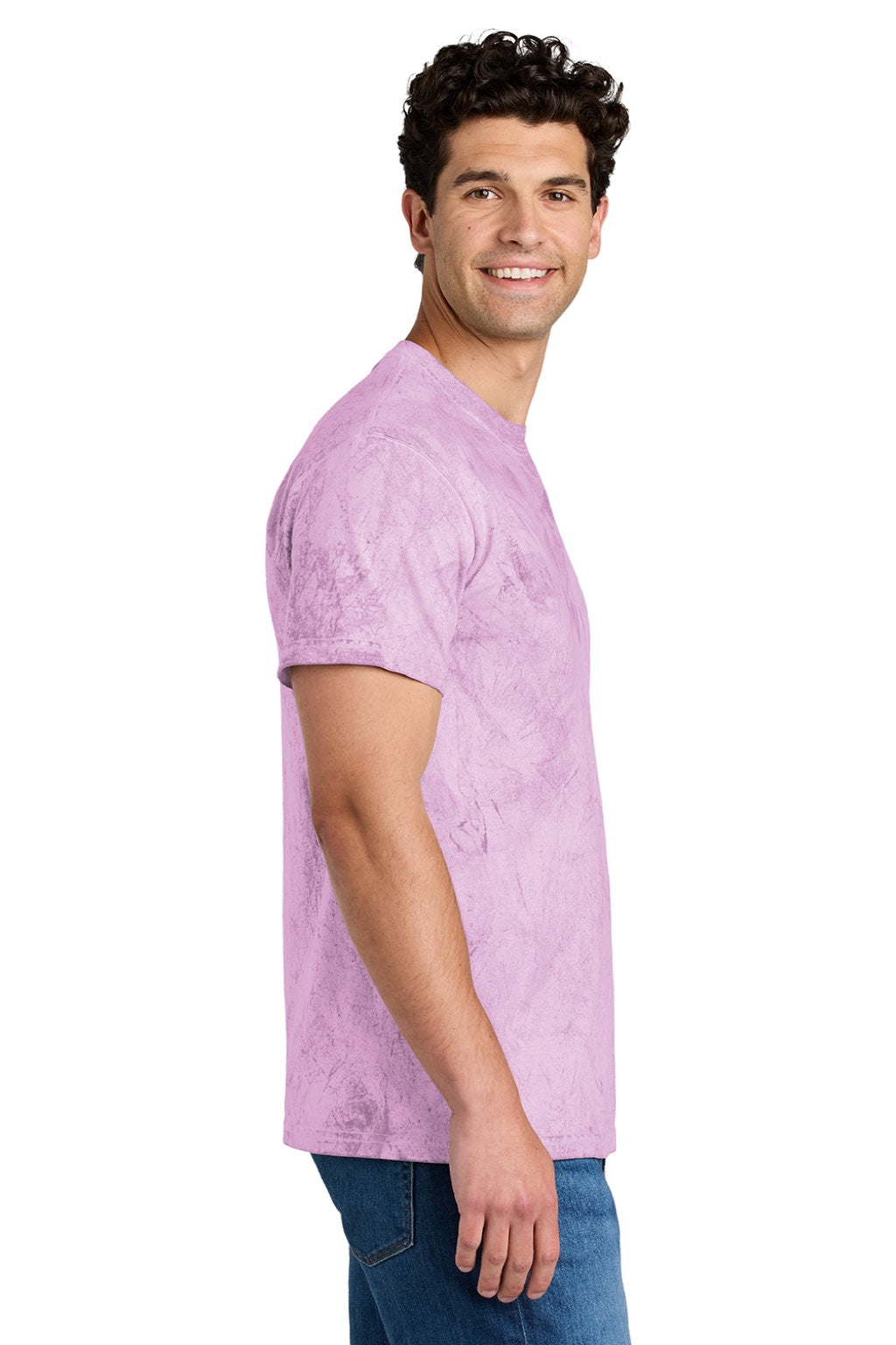 Comfort Colors 1745 Mens Color Blast Short Sleeve Crewneck T-Shirt Hibiscus Pink Model Side