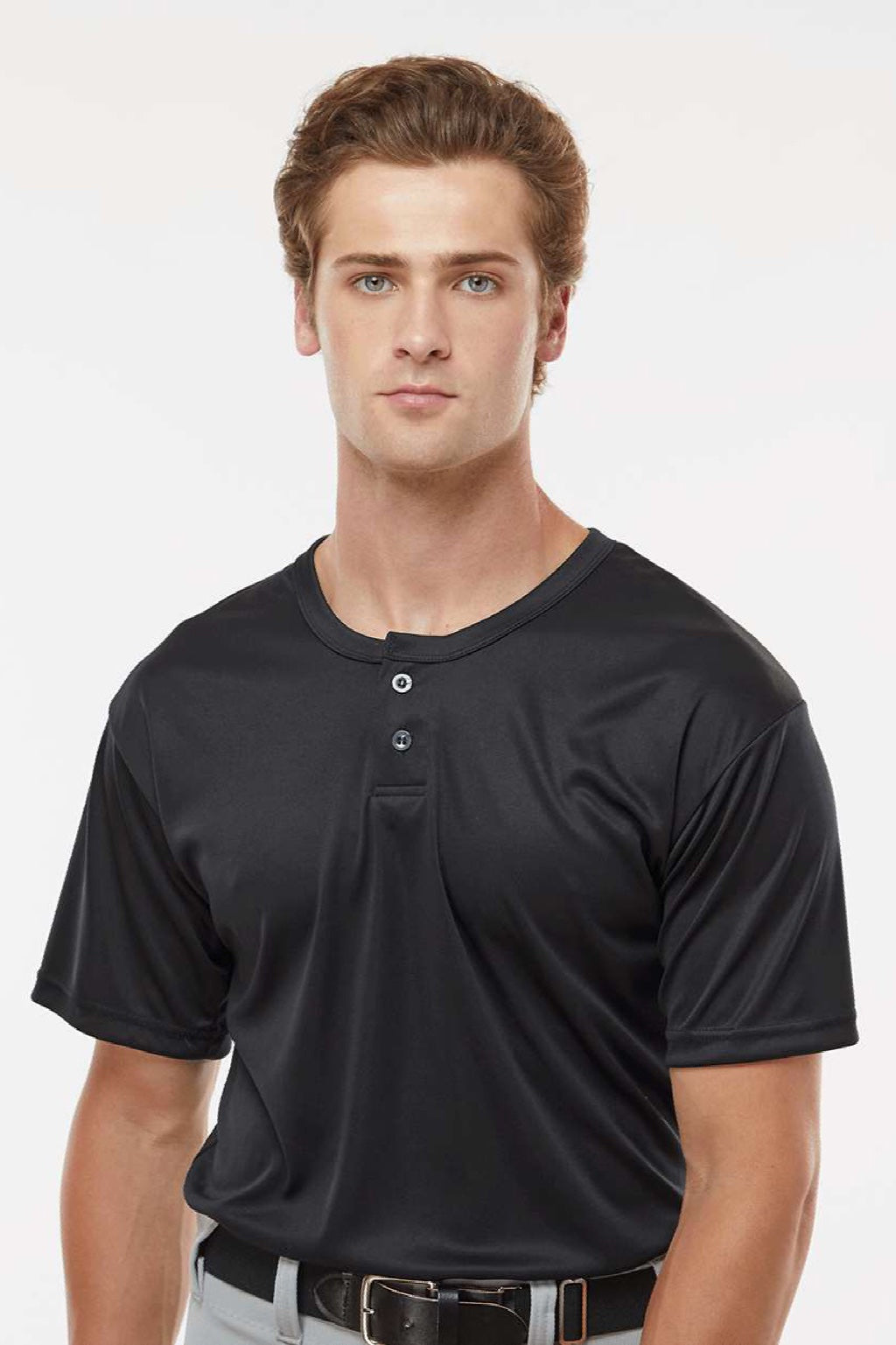 Alleson Athletic 7930 Mens B-Core Placket Short Sleeve Jersey Black Model Front