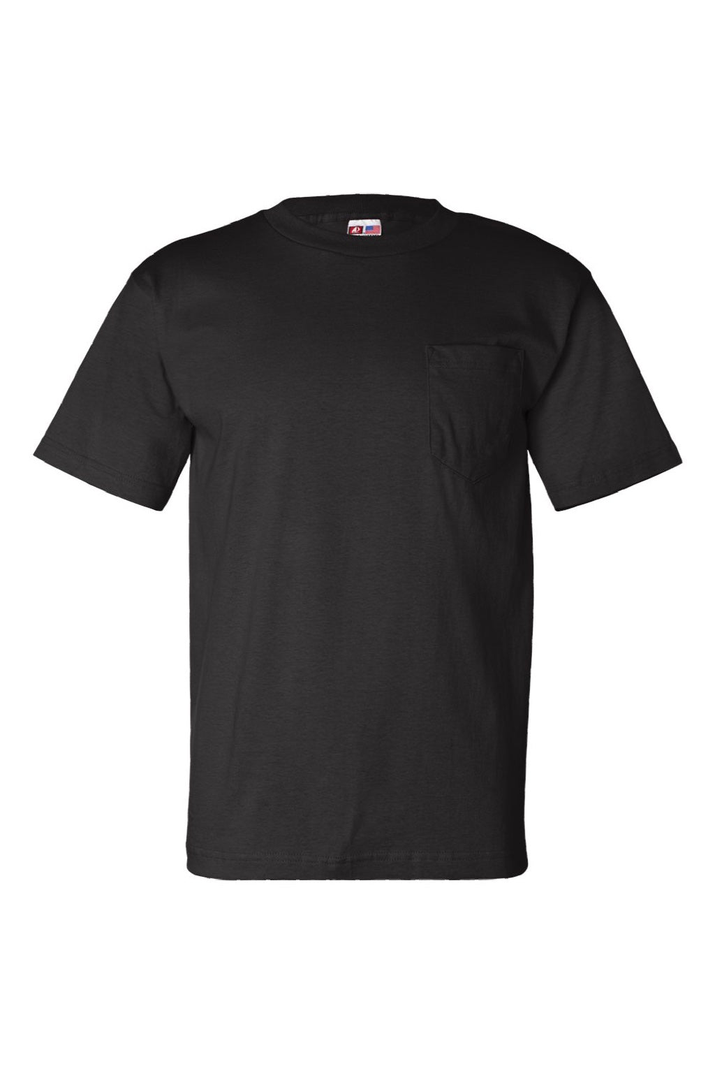Bayside 7100 Mens USA Made Short Sleeve Crewneck T-Shirt w/ Pocket Black Flat Front