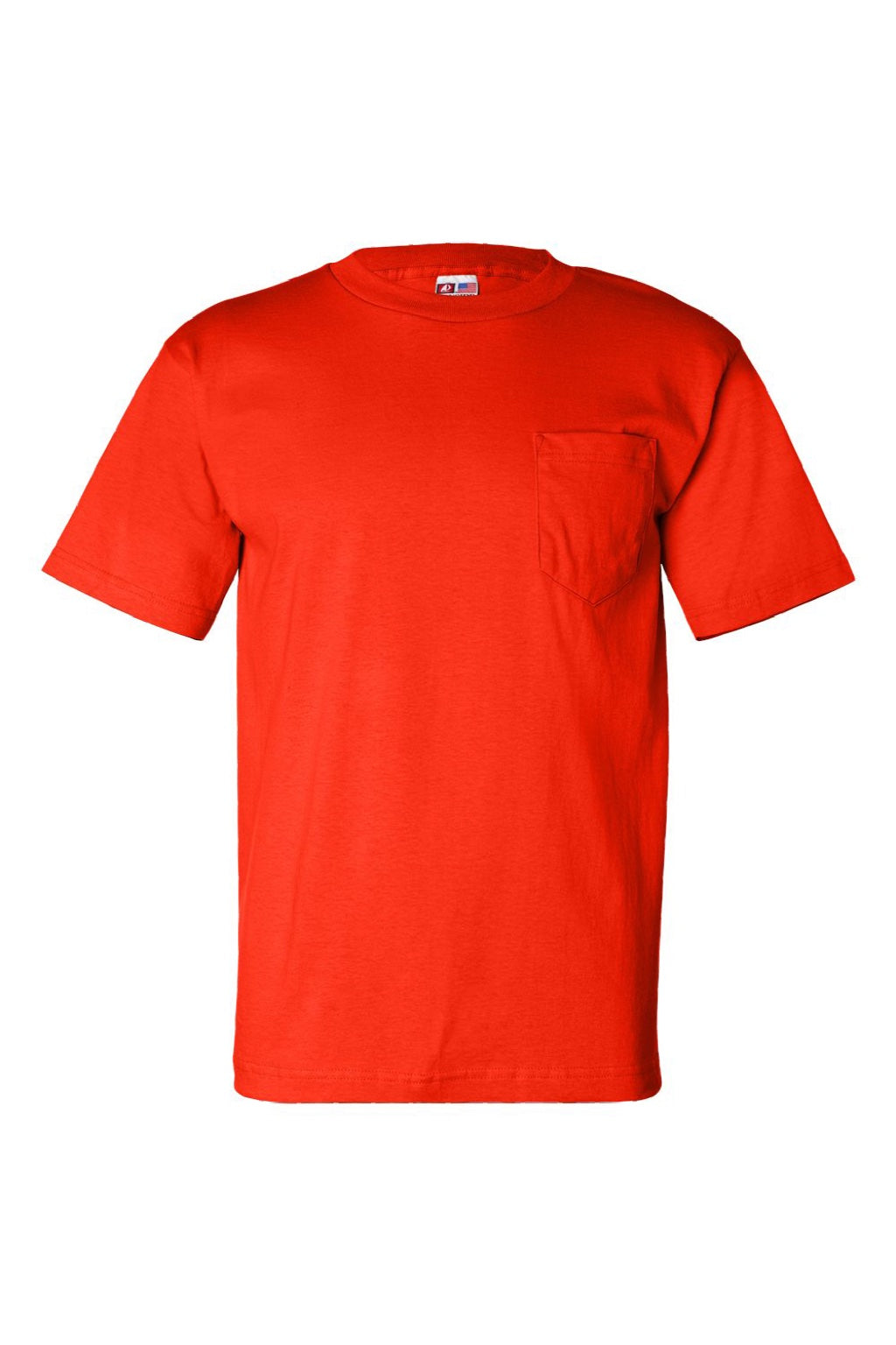 Bayside 7100 Mens USA Made Short Sleeve Crewneck T-Shirt w/ Pocket Bright Orange Flat Front