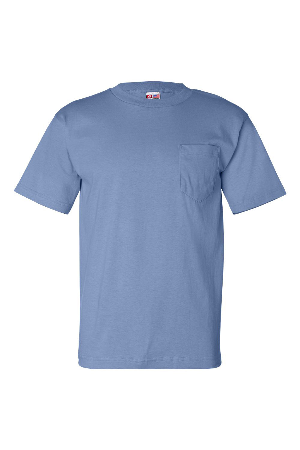 Bayside BA7100 Mens USA Made Short Sleeve Crewneck T-Shirt w/ Pocket Carolina Blue Flat Front