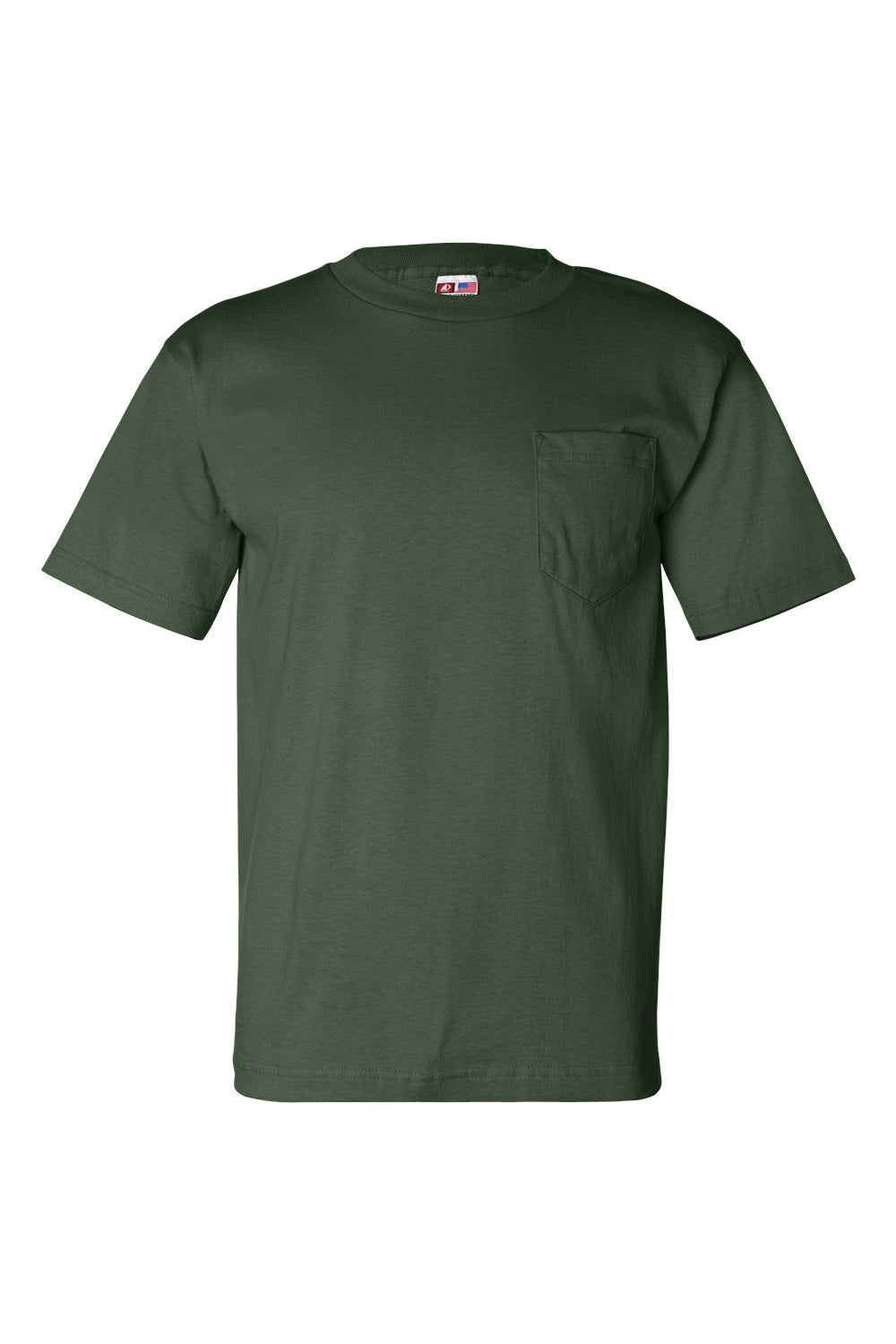 Bayside BA7100 Mens USA Made Short Sleeve Crewneck T-Shirt w/ Pocket Forest Green Flat Front