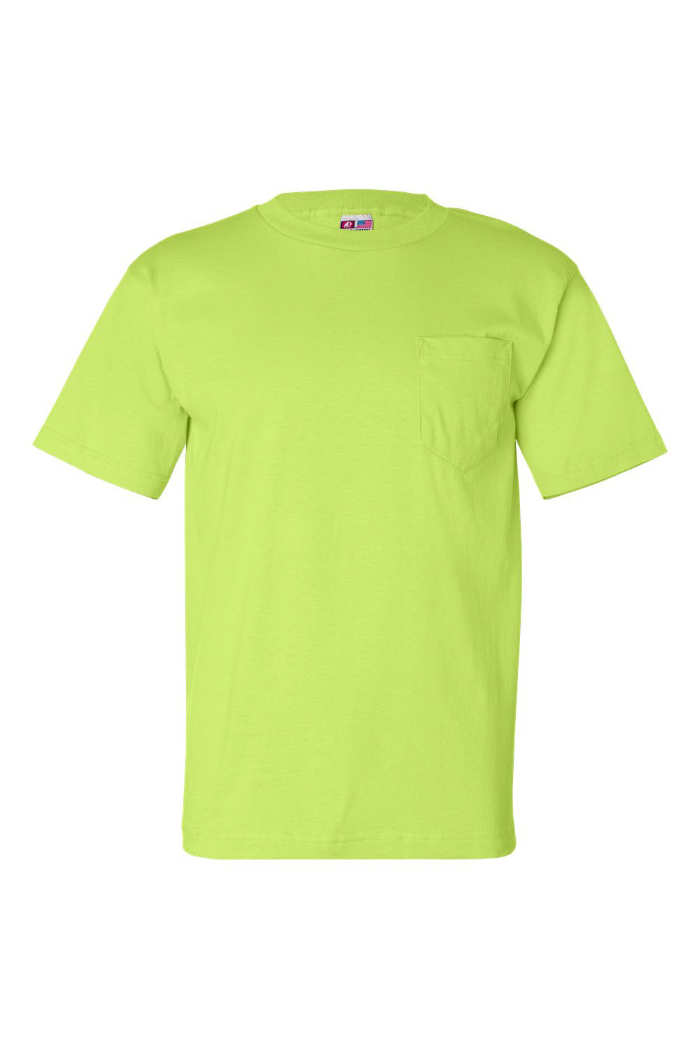 Bayside BA7100 Mens USA Made Short Sleeve Crewneck T-Shirt w/ Pocket Lime Green Flat Front