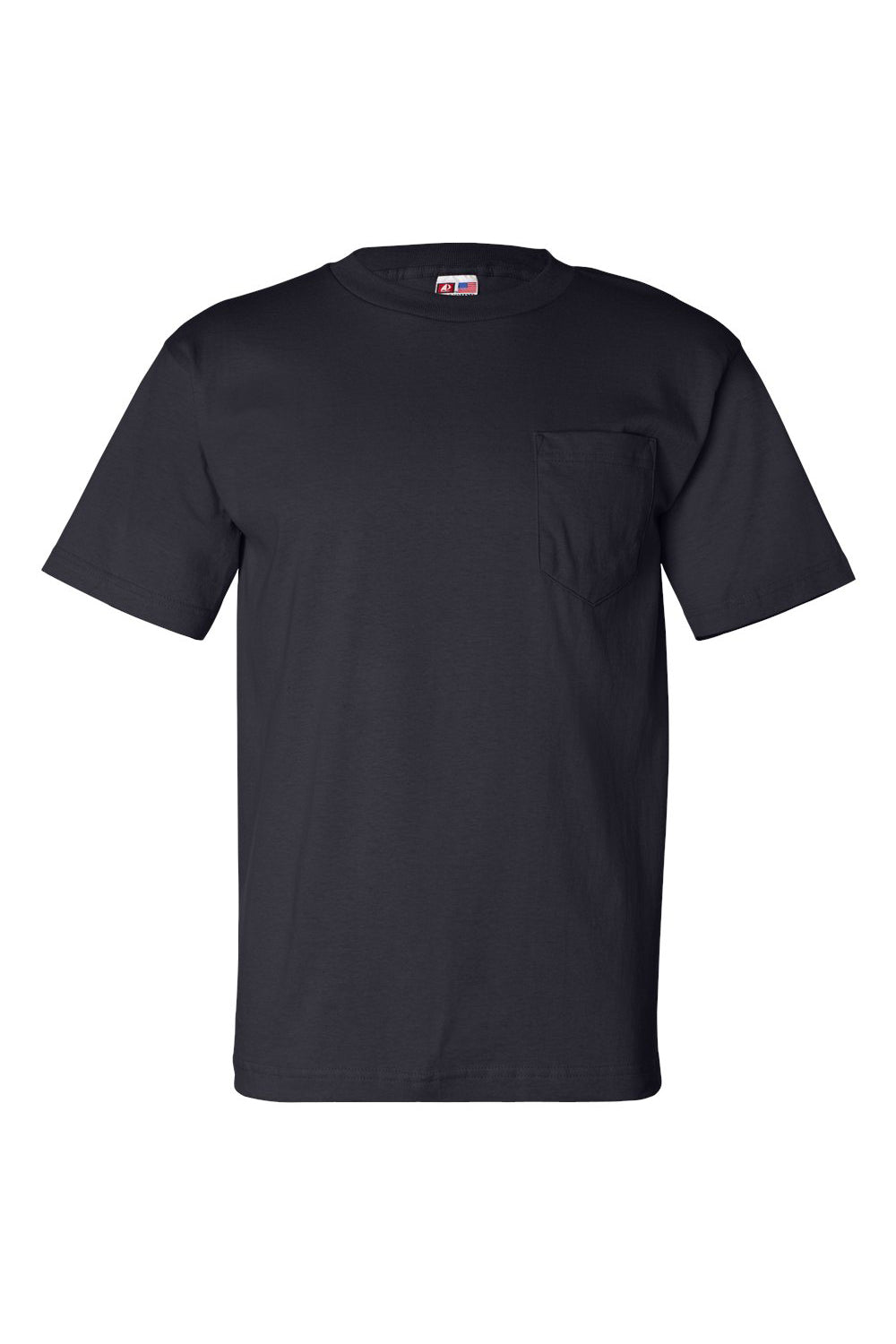 Bayside BA7100 Mens USA Made Short Sleeve Crewneck T-Shirt w/ Pocket Navy Blue Flat Front