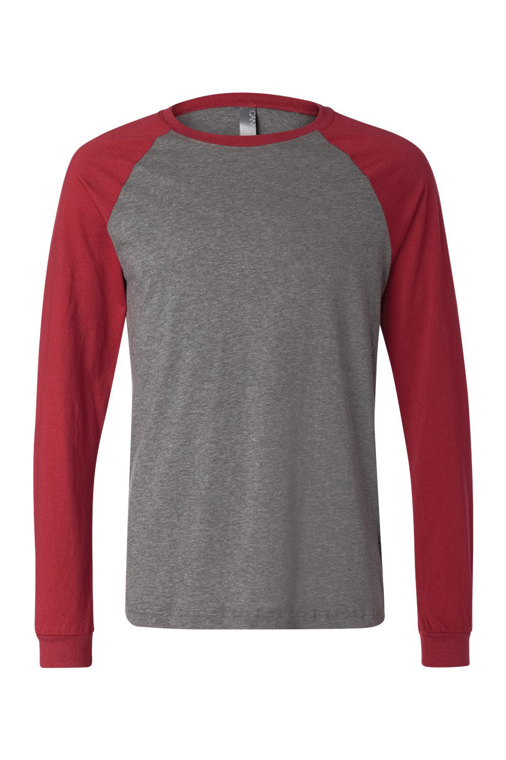 Bella + Canvas 3000C/3000 Mens Jersey Long Sleeve Crewneck T-Shirt Heather Deep Grey/Cardinal Red Flat Front